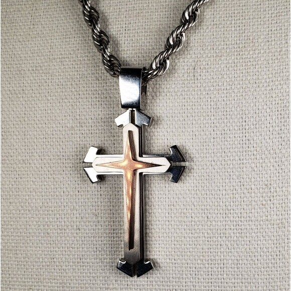 Vintage Stainless Steel 3D Cross Pendant Thick 23" Rope Necklace - Picture 8 of 16